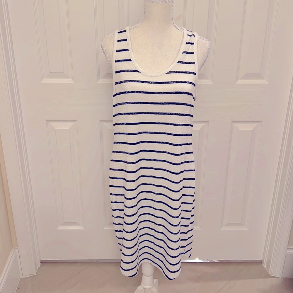 A New Day navy blue and white striped Rayon/Polyester/Spandex summer dress!